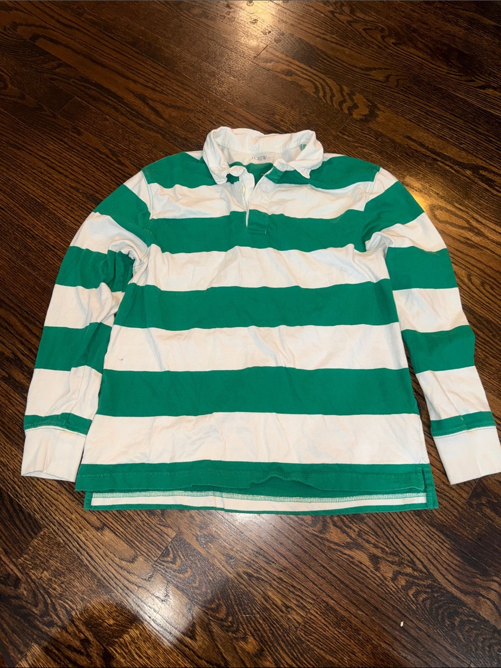 J.Crew Men's Medium Striped Rugby Shirt Long Sleeve Green White Block Stripe